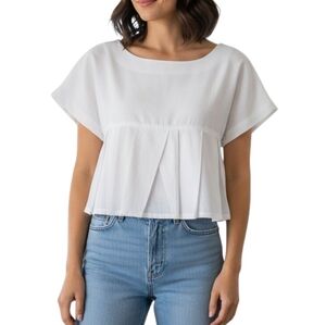 7115 by Szeki White Pleated Crop Top Linen-Cotton Blend Peplum Minimalist Blouse